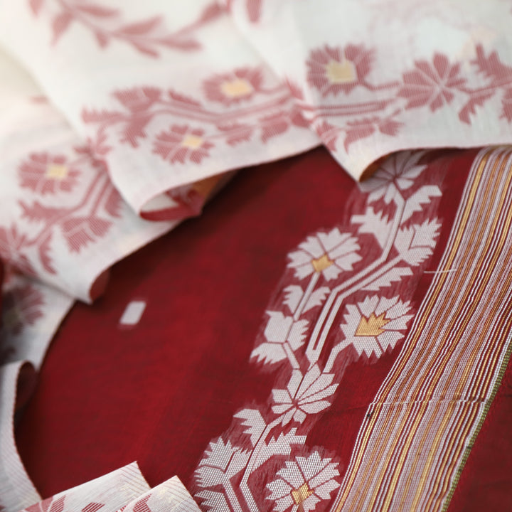Jannat Cherry Red Floral Authentic Jamdani Top and Dupatta Suit Set