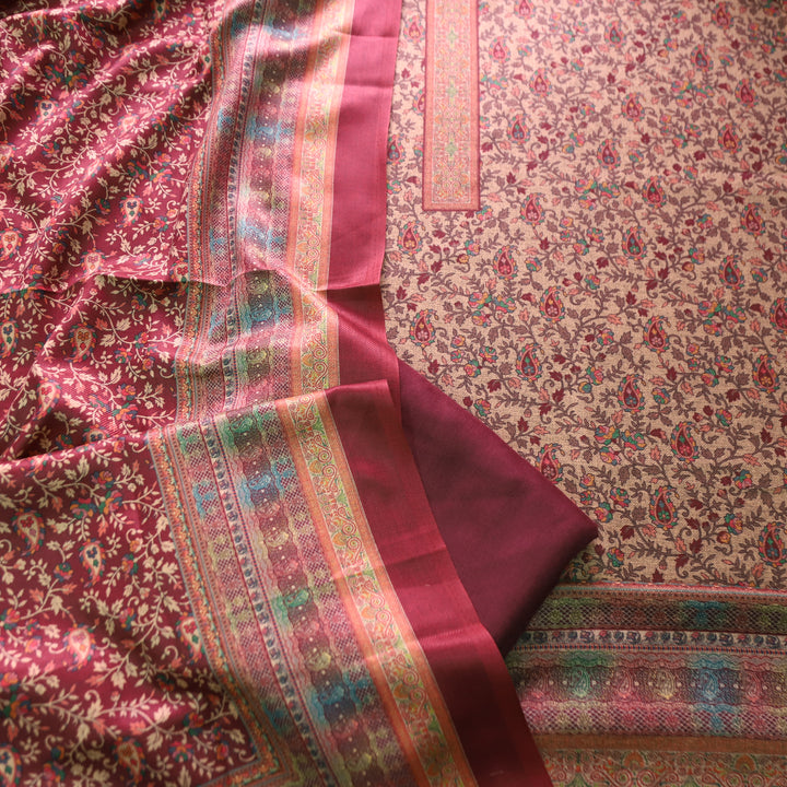 कल्याणी Beige with Maroon All Over Kanni Floral Printed Semi Pashmina Winter Set