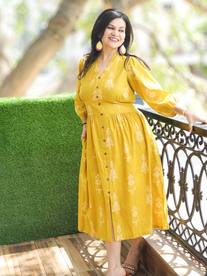 Joe Mustard Yellow Doll Print Cotton Dress