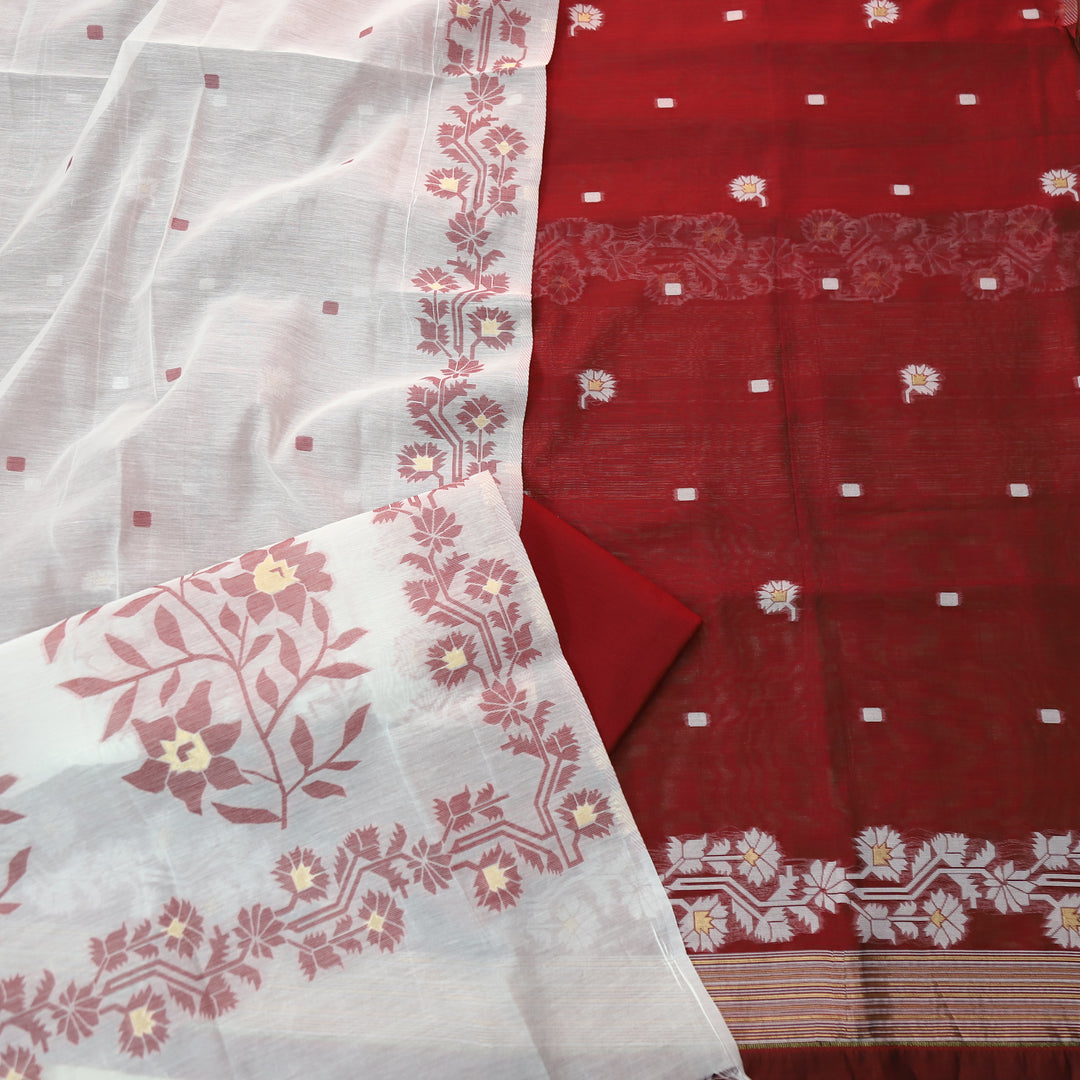 Jannat Cherry Red Floral Authentic Jamdani Top and Dupatta Suit Set