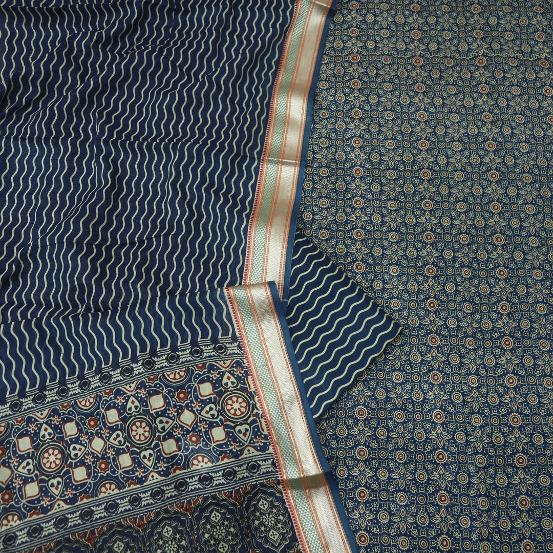 दिपशा Prussian Blue Ajrak Printed Mangalgiri Hem Work Cotton Suit Set