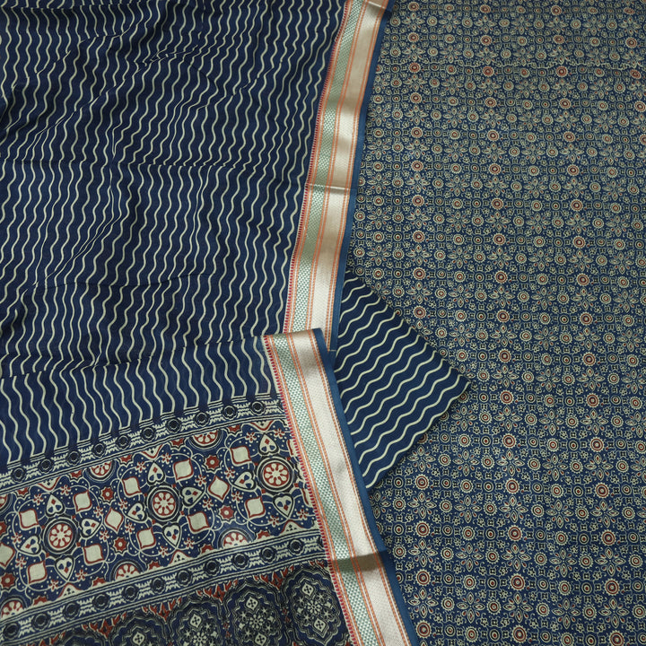 दिपशा Prussian Blue Ajrak Printed Mangalgiri Hem Work Cotton Suit Set