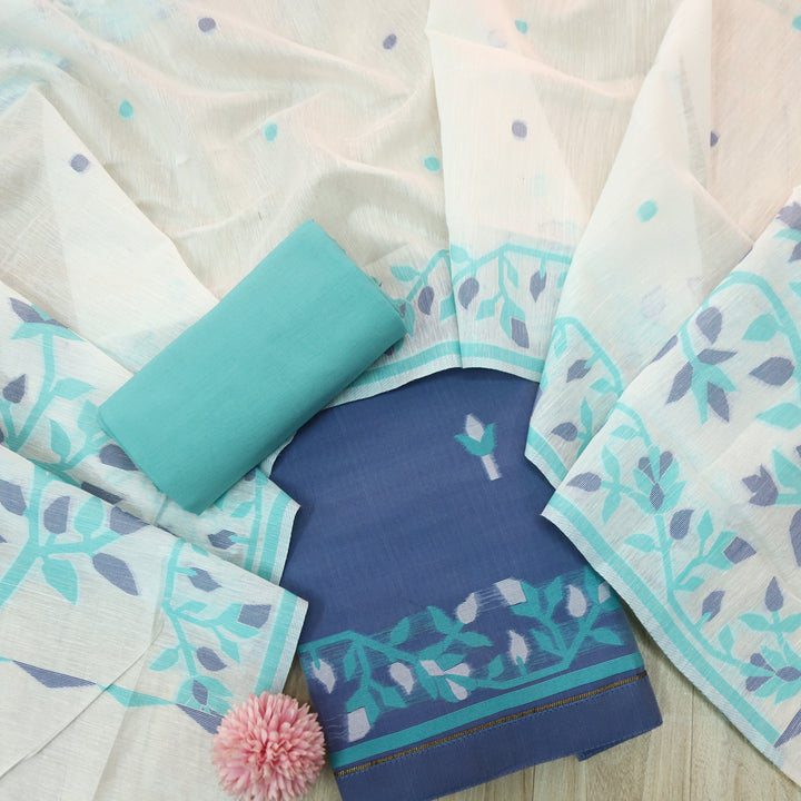 Surya Prus.Blue Floral Authentic Jamdani Top with Ocean Blue Bottom Set