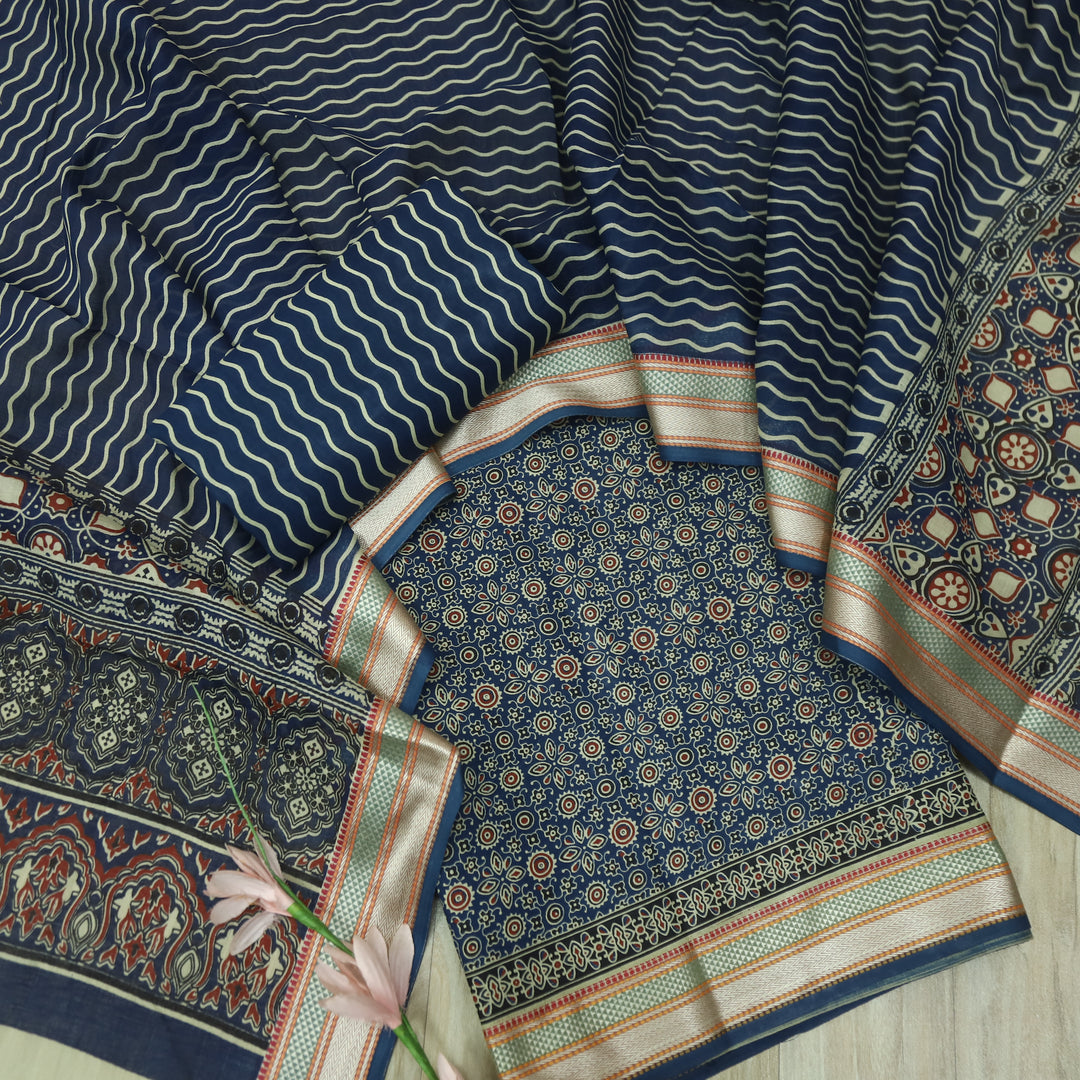 दिपशा Prussian Blue Ajrak Printed Mangalgiri Hem Work Cotton Suit Set