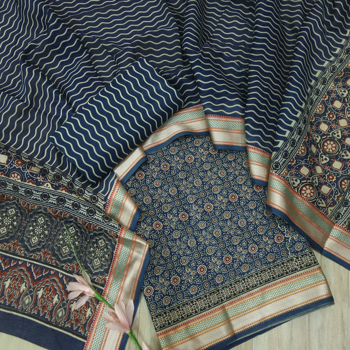 दिपशा Prussian Blue Ajrak Printed Mangalgiri Hem Work Cotton Suit Set