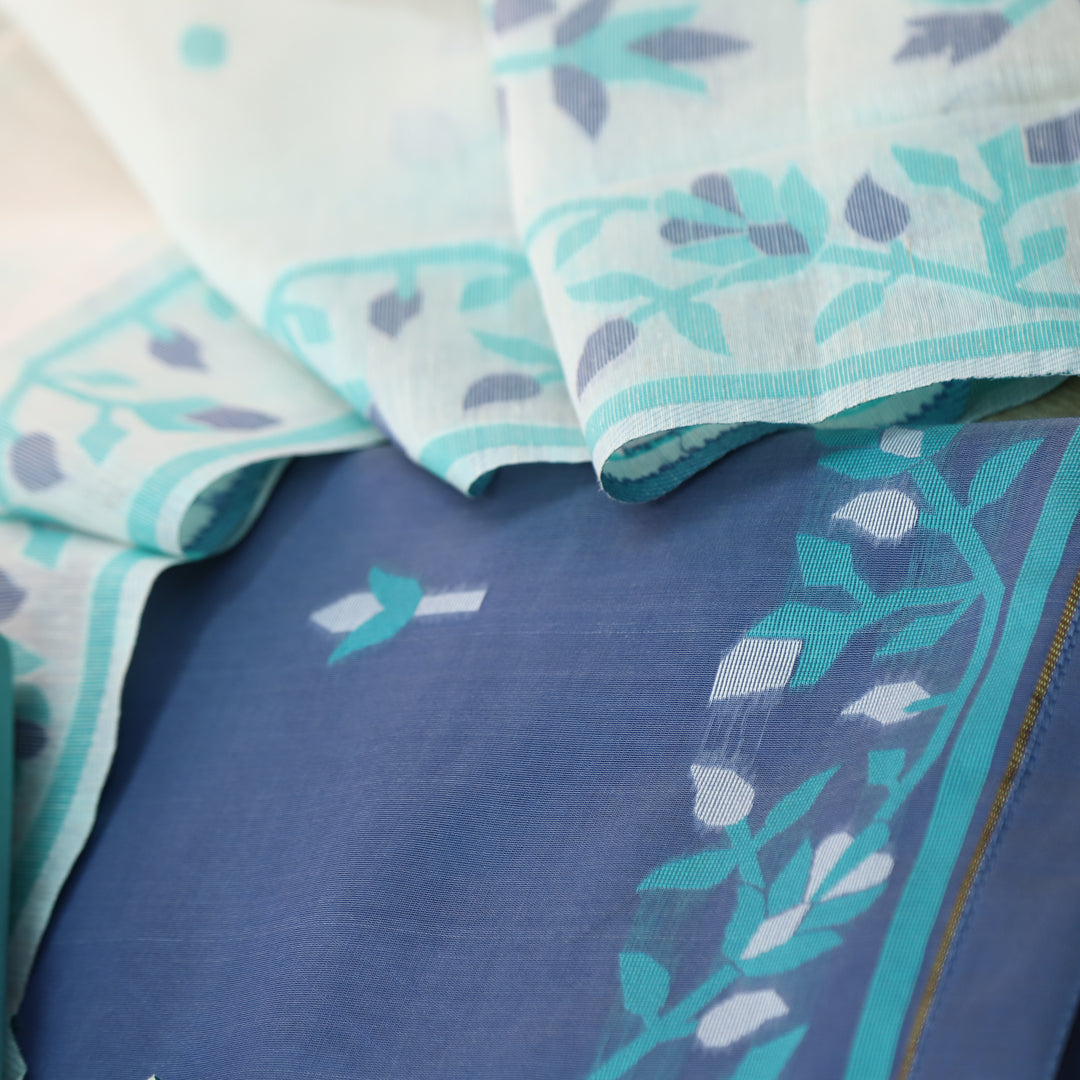 Surya Prus.Blue Floral Authentic Jamdani Top with Ocean Blue Bottom Set