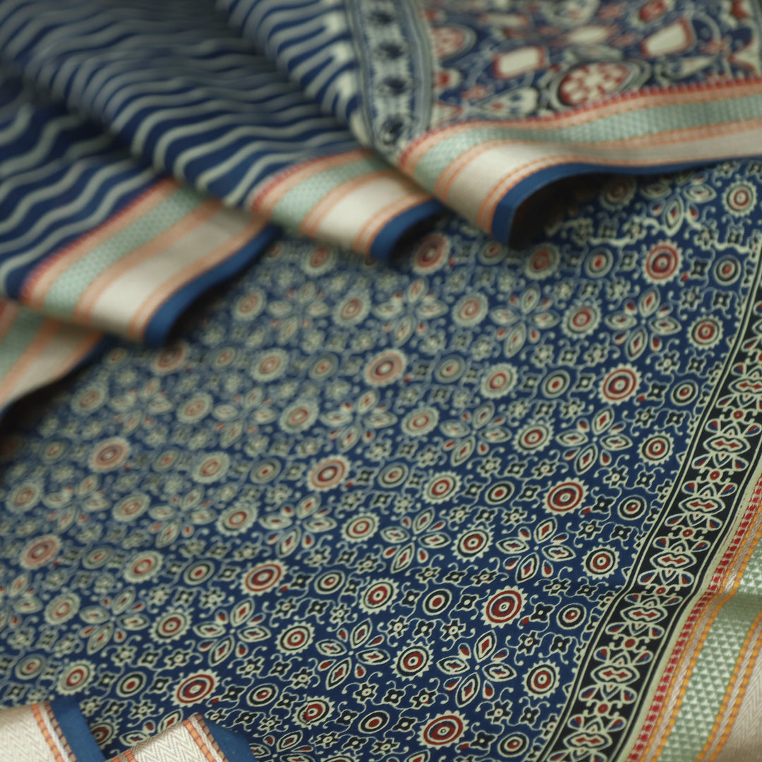 दिपशा Prussian Blue Ajrak Printed Mangalgiri Hem Work Cotton Suit Set