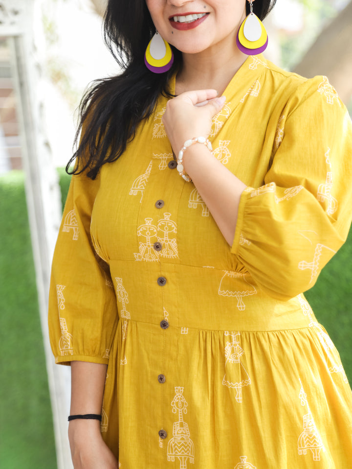Joe Mustard Yellow Doll Print Cotton Dress