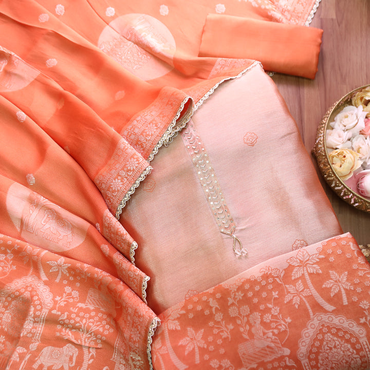 Naari Tang Orange Kardana Work with Zari Weaved Ziraf Suit Set