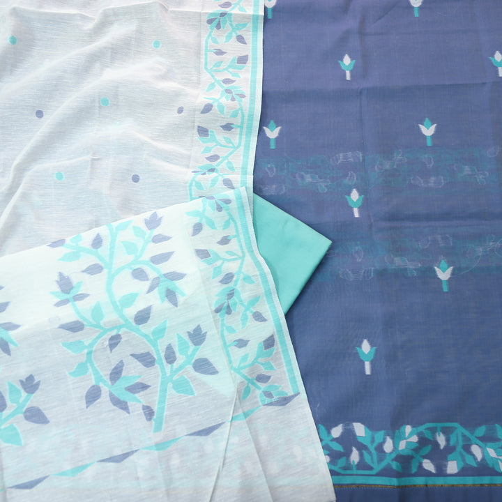 Surya Prus.Blue Floral Authentic Jamdani Top with Ocean Blue Bottom Set