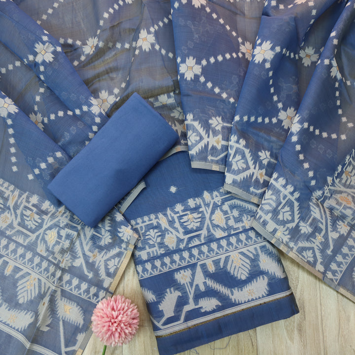 Tejasvi Stone Blue Authentic Jamdani Weaved Detailing Suit Set