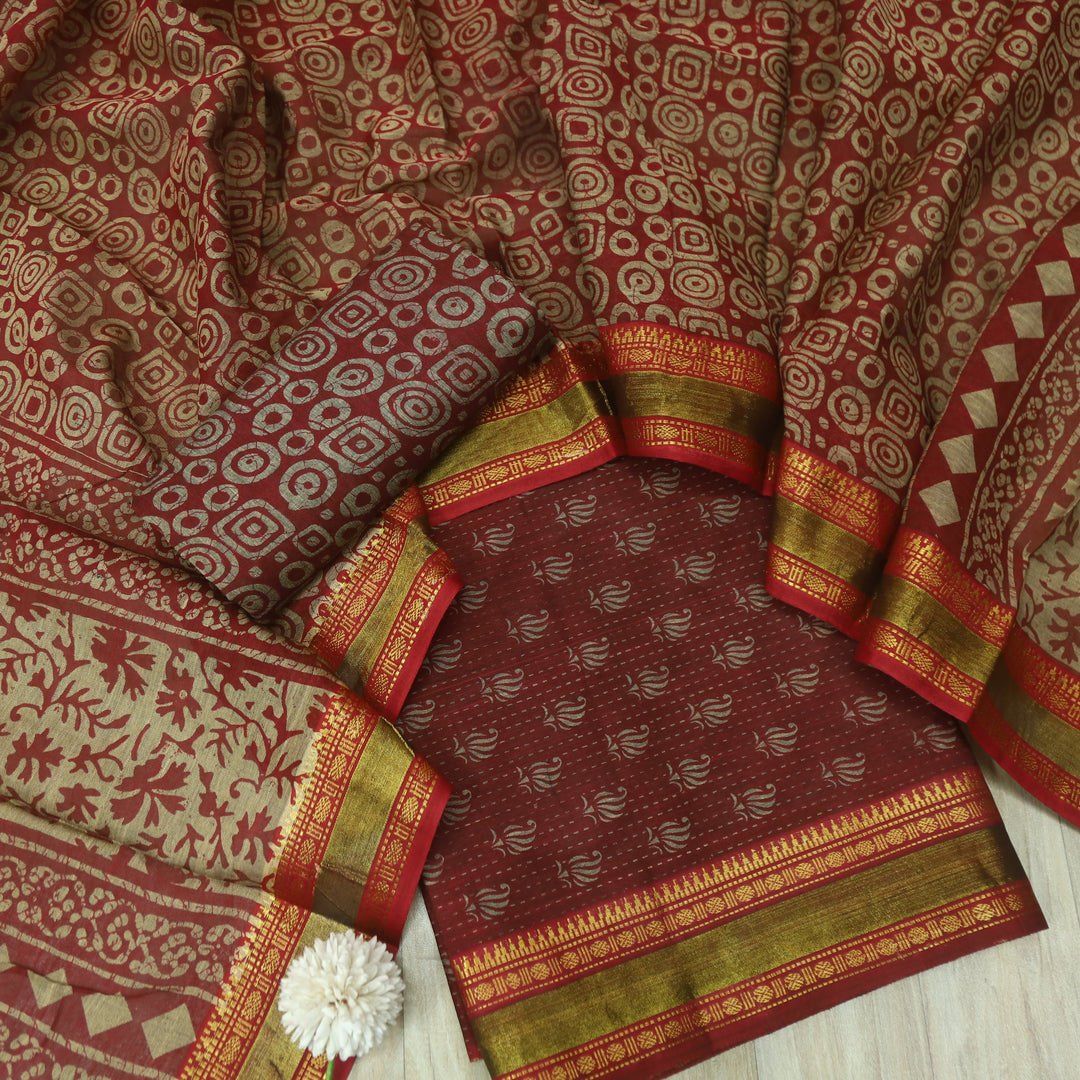 दिपशा Dark Maroon Digital Printed Mangalgiri Hem Work Cotton Suit Set