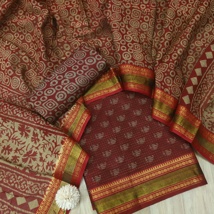 दिपशा Dark Maroon Digital Printed Mangalgiri Hem Work Cotton Suit Set