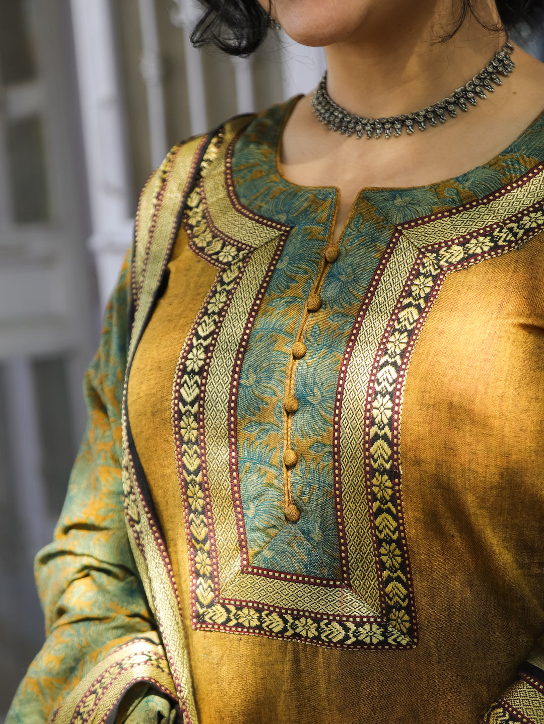 Saaniya Dijon Yellow Round Neck Potli Button Mangalgiri Patch South Cotton 3 Piece Set