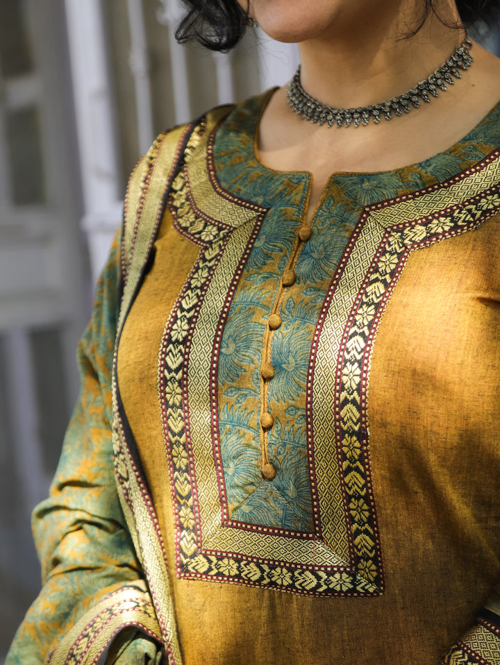 Saaniya Dijon Yellow Round Neck Potli Button Mangalgiri Patch South Cotton 3 Piece Set
