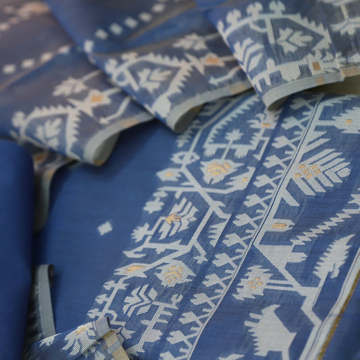 Tejasvi Stone Blue Authentic Jamdani Weaved Detailing Suit Set