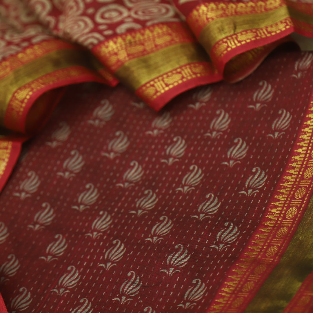 दिपशा Dark Maroon Digital Printed Mangalgiri Hem Work Cotton Suit Set