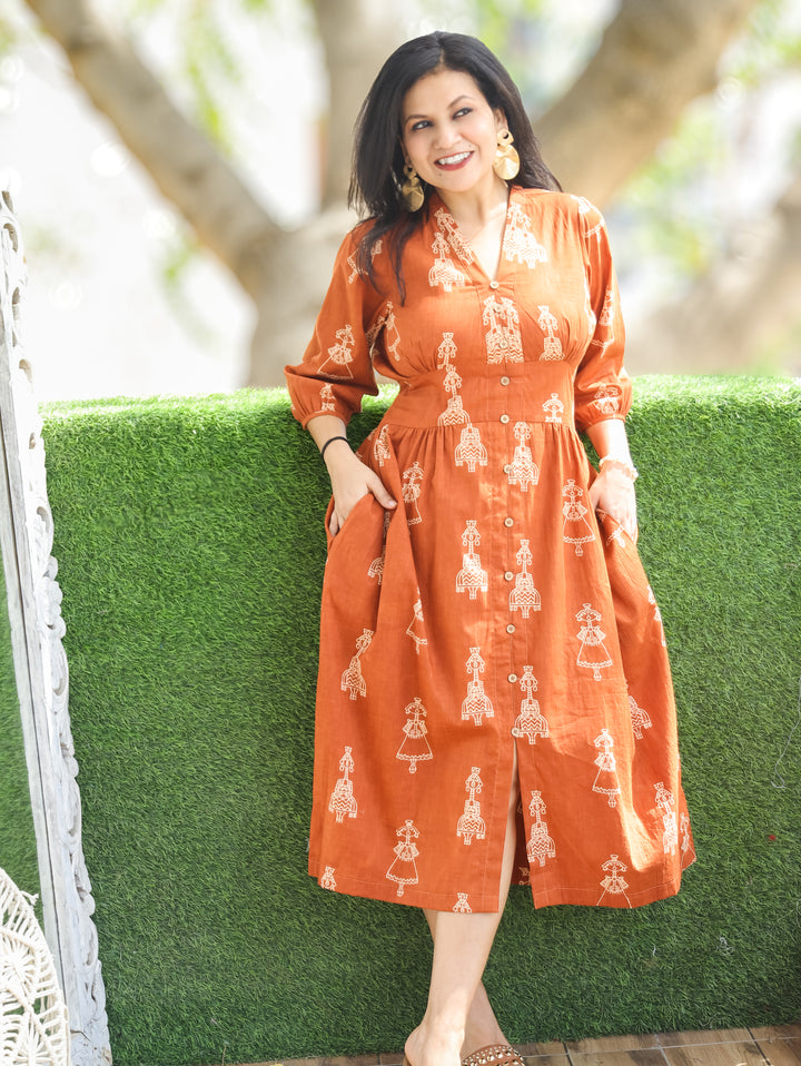 Joe Burnt Rust Doll Print Cotton Dress