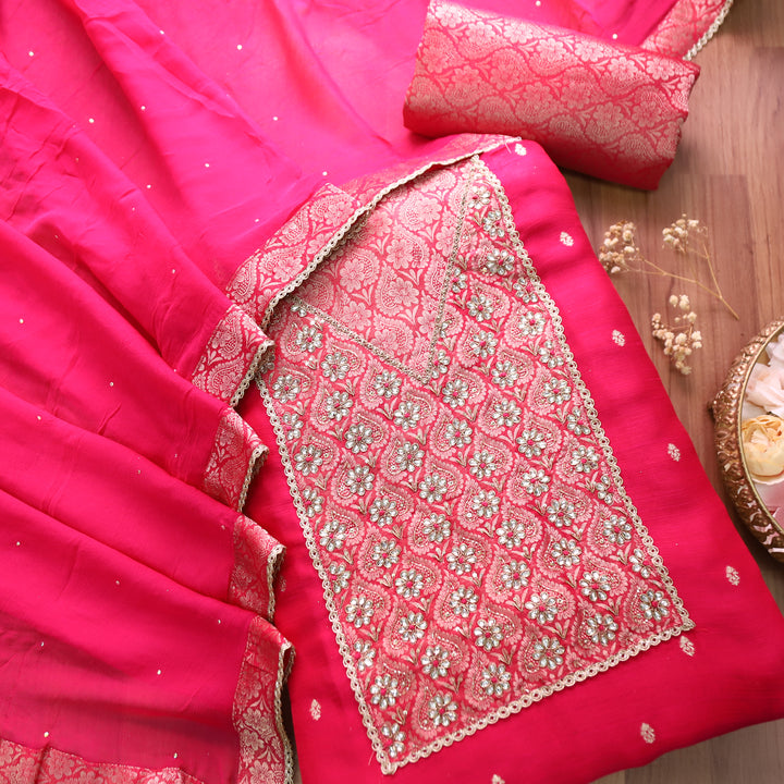 Naari Rani Pink Brocade Yoke with Embellished Work Dols Silk Set
