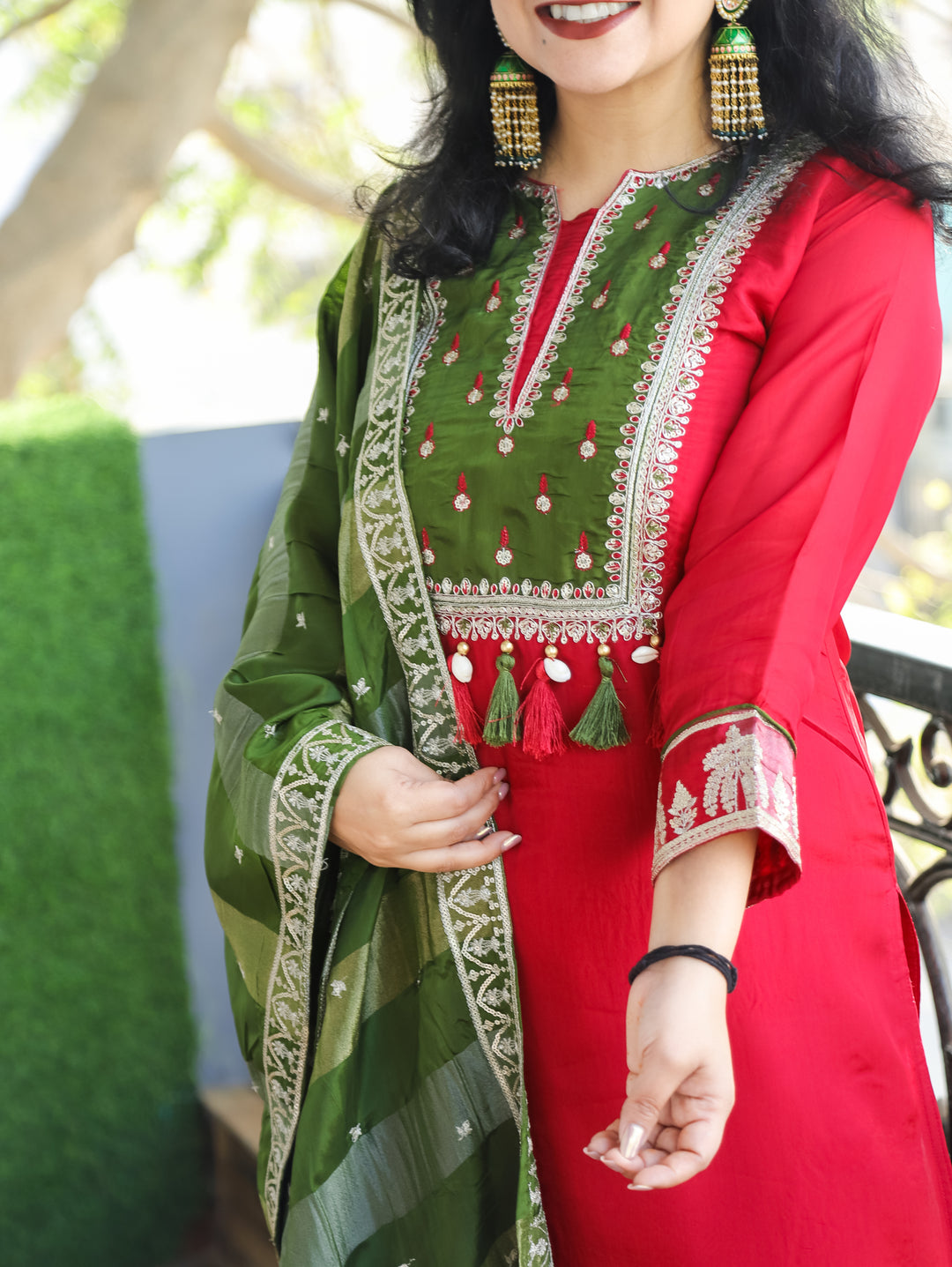 Sharvari Kumkum Red Embellish Red Yoke with Sequine Dola Silk 3 Piece Set