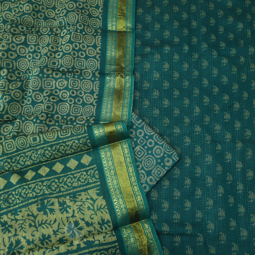 दिपशा Dark Cyan Teal Digital Printed Mangalgiri Hem Work Cotton Suit Set