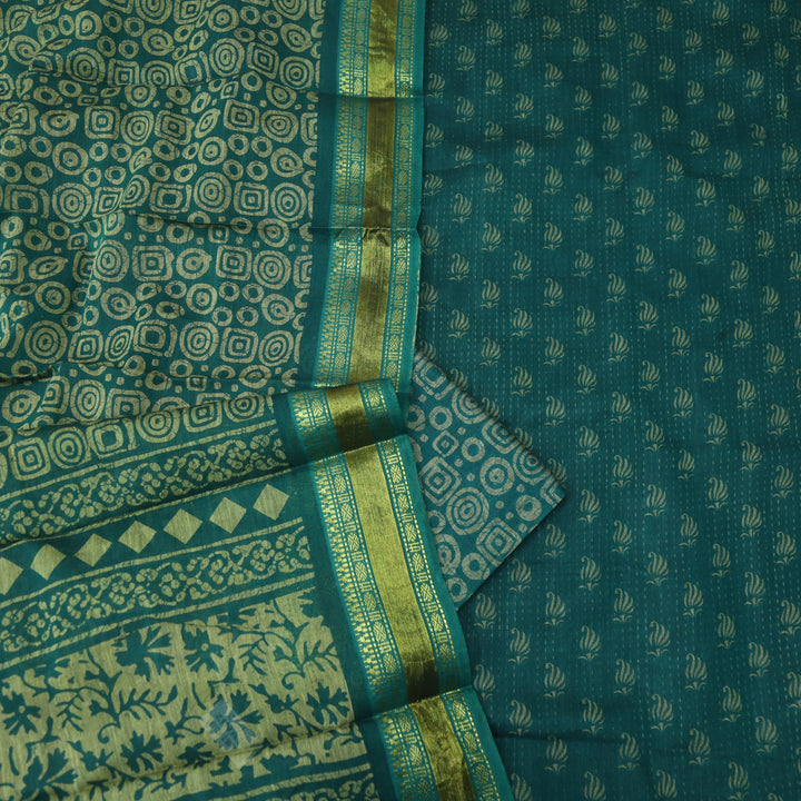 दिपशा Dark Cyan Teal Digital Printed Mangalgiri Hem Work Cotton Suit Set