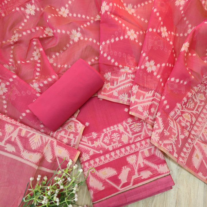 Tejasvi Flamingo Pink Authentic Jamdani Weaved Detailing Suit Set