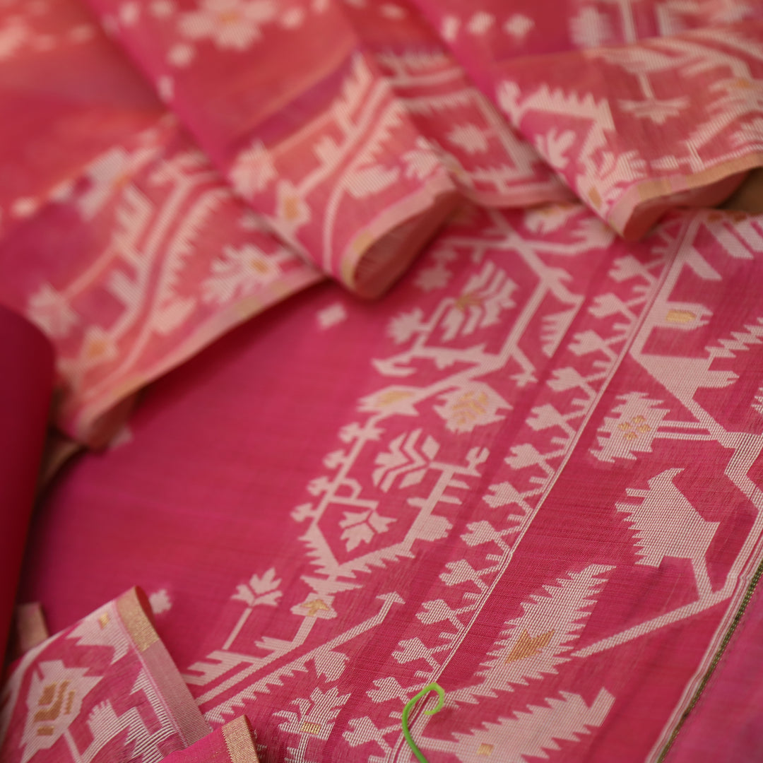 Tejasvi Flamingo Pink Authentic Jamdani Weaved Detailing Suit Set