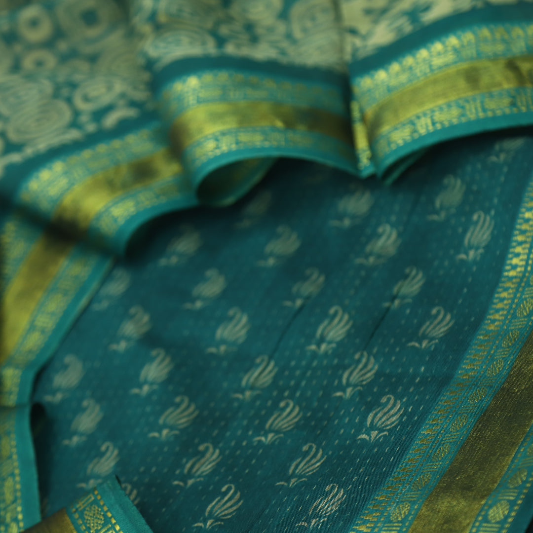 दिपशा Dark Cyan Teal Digital Printed Mangalgiri Hem Work Cotton Suit Set