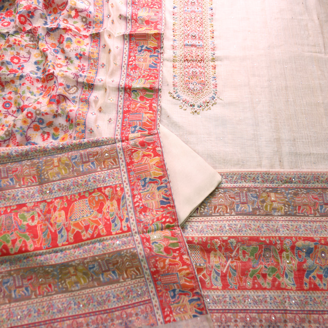 Aarini Hazel Beige Moti Work Jamdani Weaved Chanderi Silk Set
