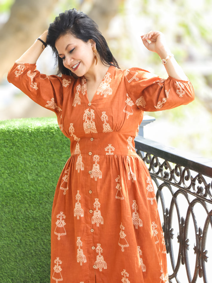 Joe Burnt Rust Doll Print Cotton Dress