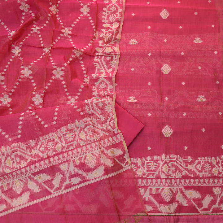 Tejasvi Flamingo Pink Authentic Jamdani Weaved Detailing Suit Set
