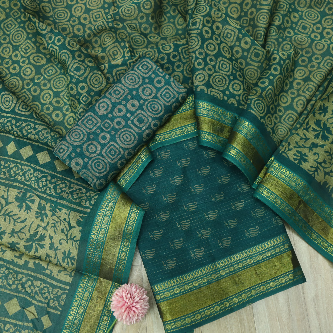 दिपशा Dark Cyan Teal Digital Printed Mangalgiri Hem Work Cotton Suit Set