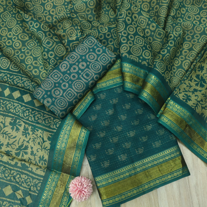 दिपशा Dark Cyan Teal Digital Printed Mangalgiri Hem Work Cotton Suit Set