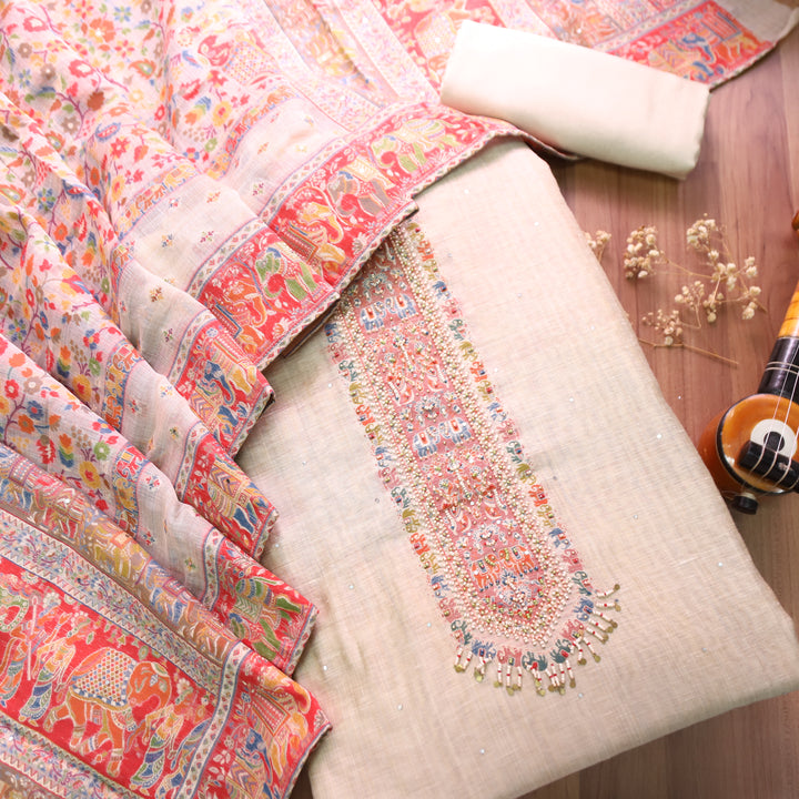 Aarini Hazel Beige Moti Work Jamdani Weaved Chanderi Silk Set