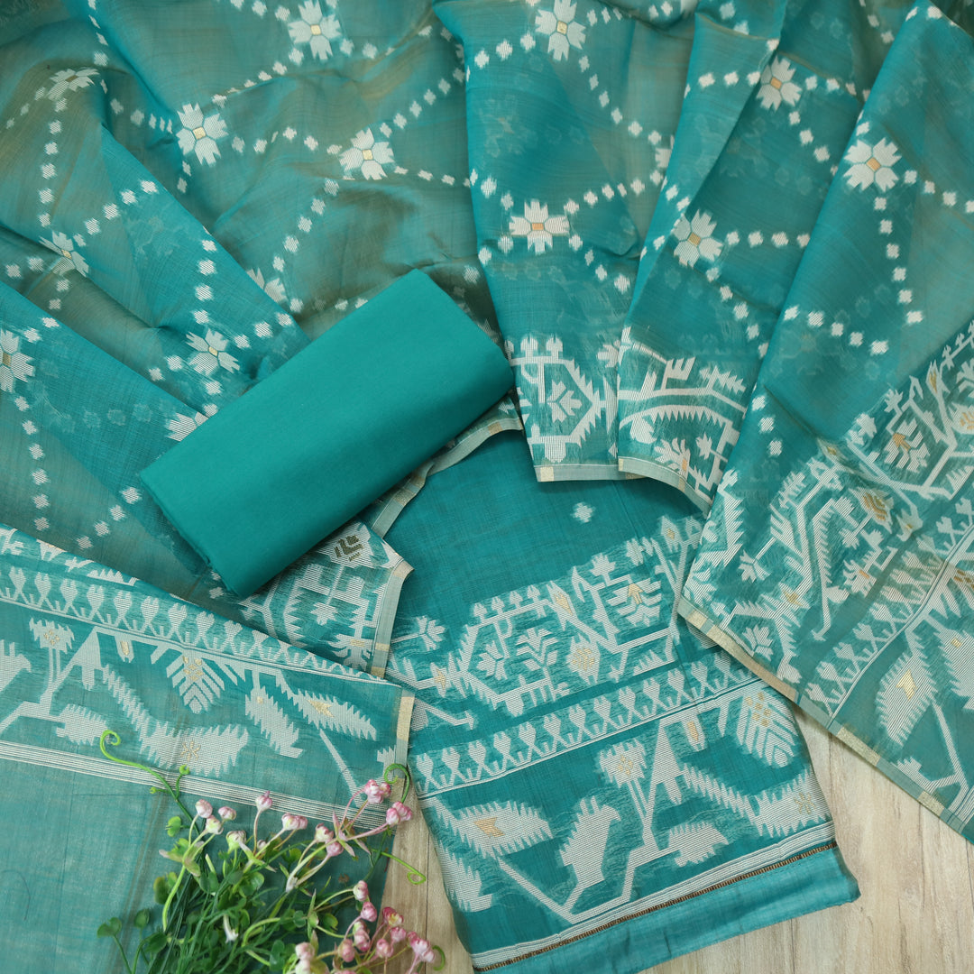 Tejasvi Aqua Cyan Blue Authentic Jamdani Weaved Detailing Suit Set