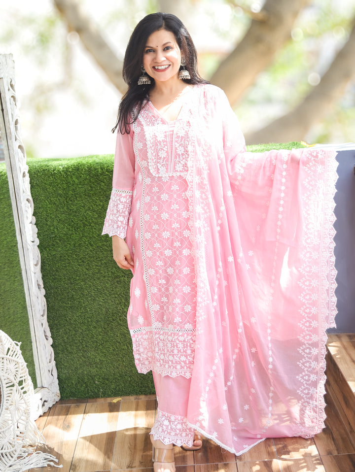 Alia Pink Embroidered Mul Cotton 3 Piece Set