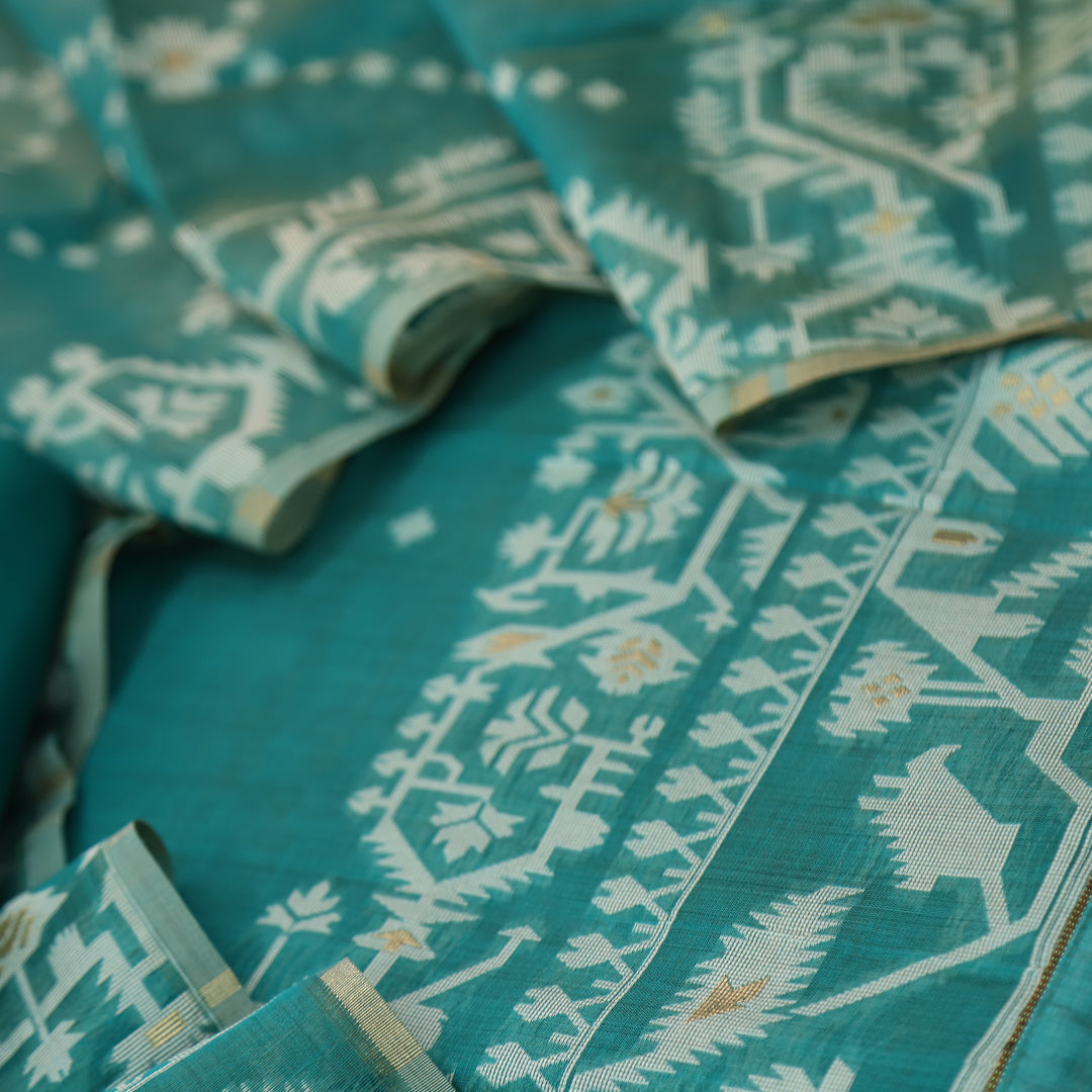 Tejasvi Aqua Cyan Blue Authentic Jamdani Weaved Detailing Suit Set