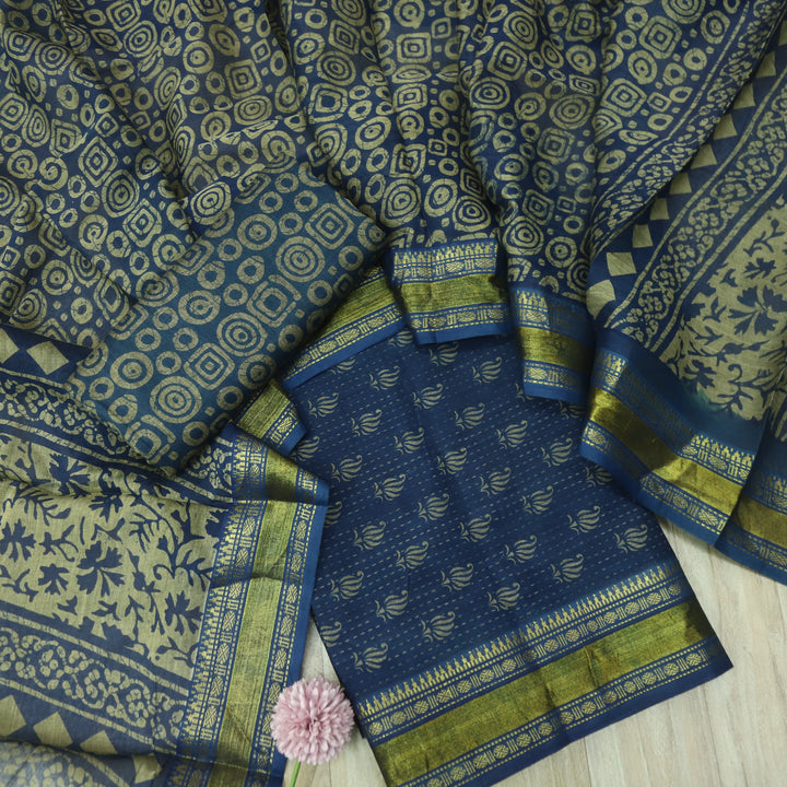 दिपशा Prussian Blue Digital Printed Mangalgiri Hem Work Cotton Suit Set