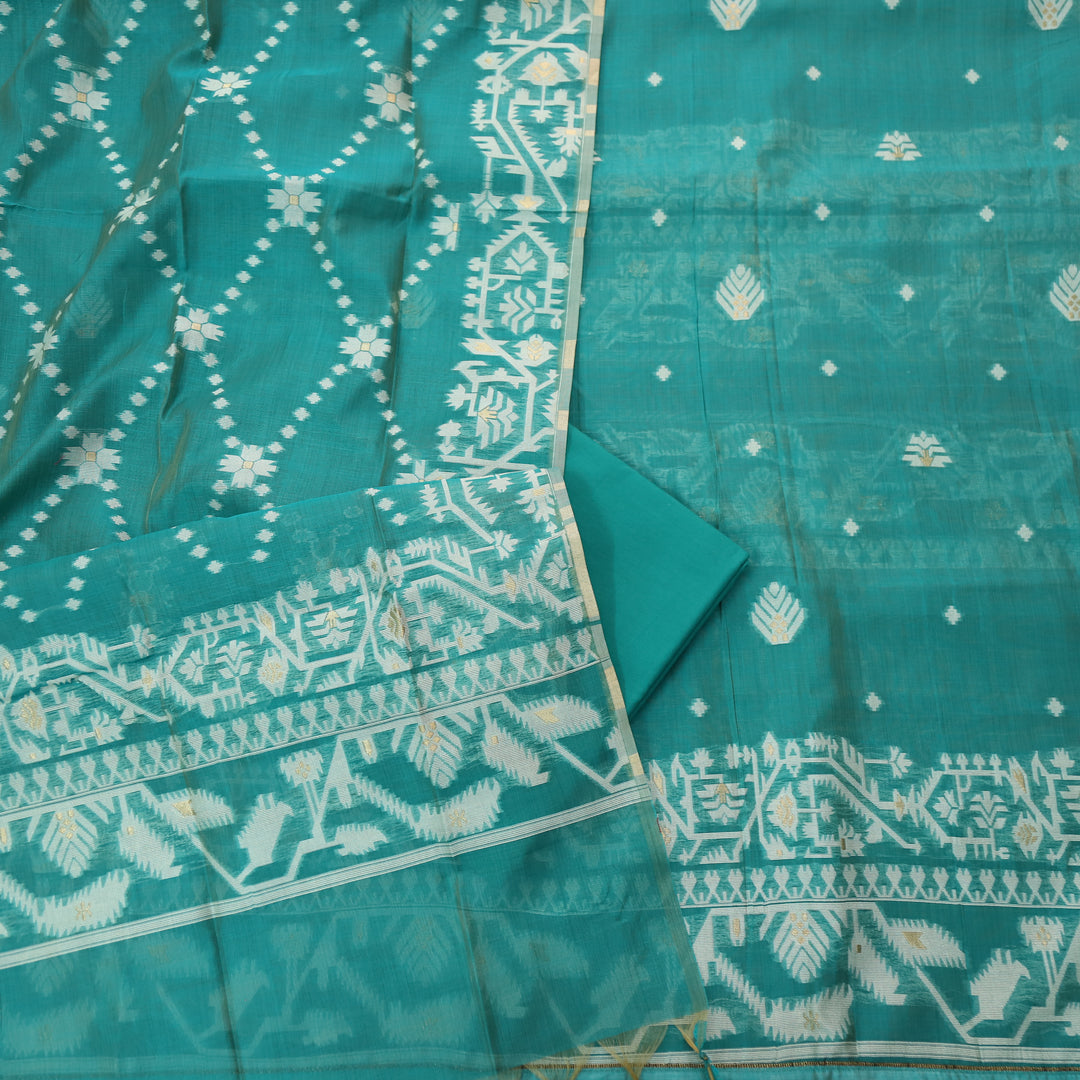 Tejasvi Aqua Cyan Blue Authentic Jamdani Weaved Detailing Suit Set