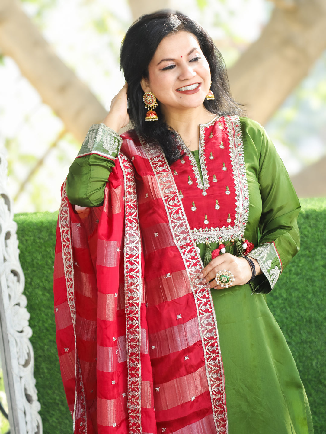 Sharvari Mehendi Green Embellish Red Yoke with Sequine Dola Silk 3 Piece Set