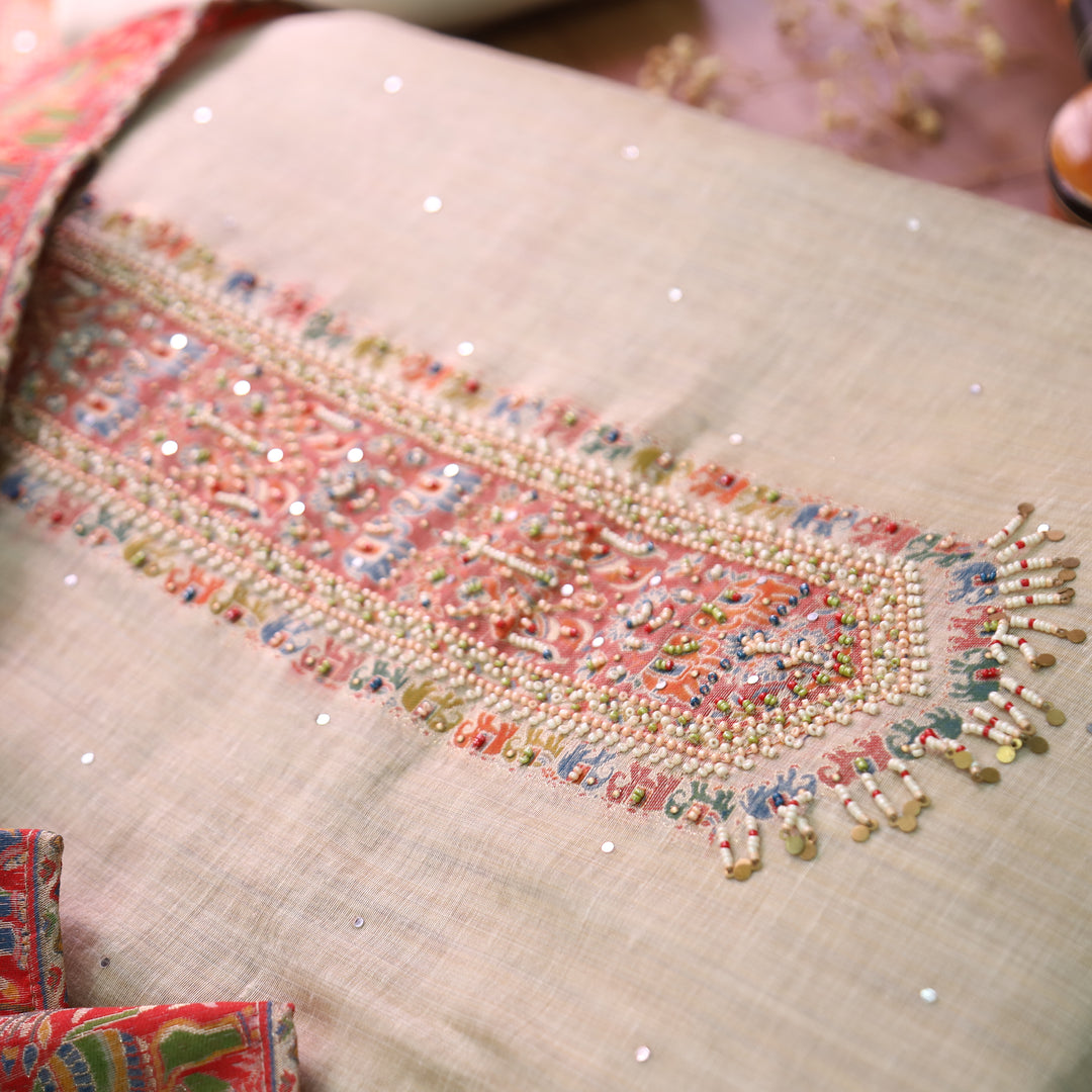 Aarini Hazel Beige Moti Work Jamdani Weaved Chanderi Silk Set