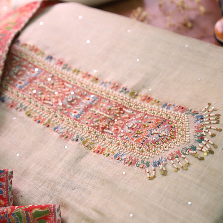 Aarini Hazel Beige Moti Work Jamdani Weaved Chanderi Silk Set