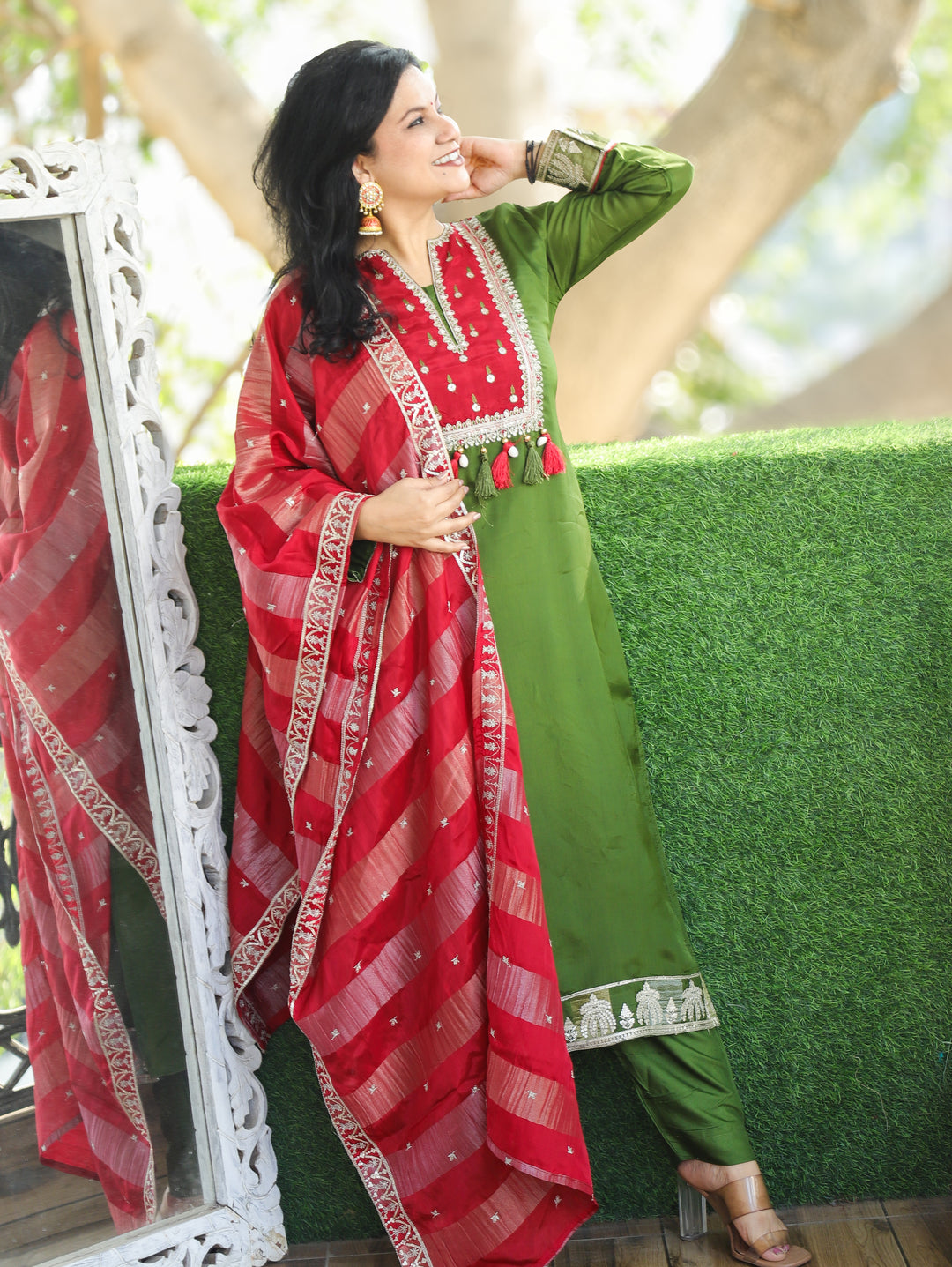 Sharvari Mehendi Green Embellish Red Yoke with Sequine Dola Silk 3 Piece Set