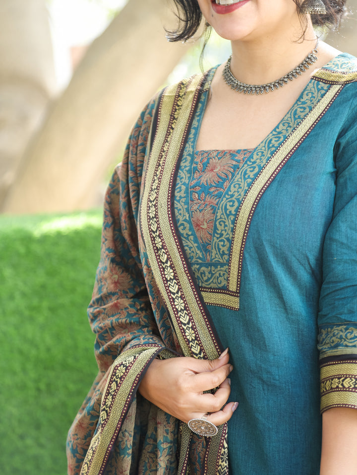 Mahira Aqua Teal V Neck with Mangalgiri Patch South Cotton 3 Piece Set