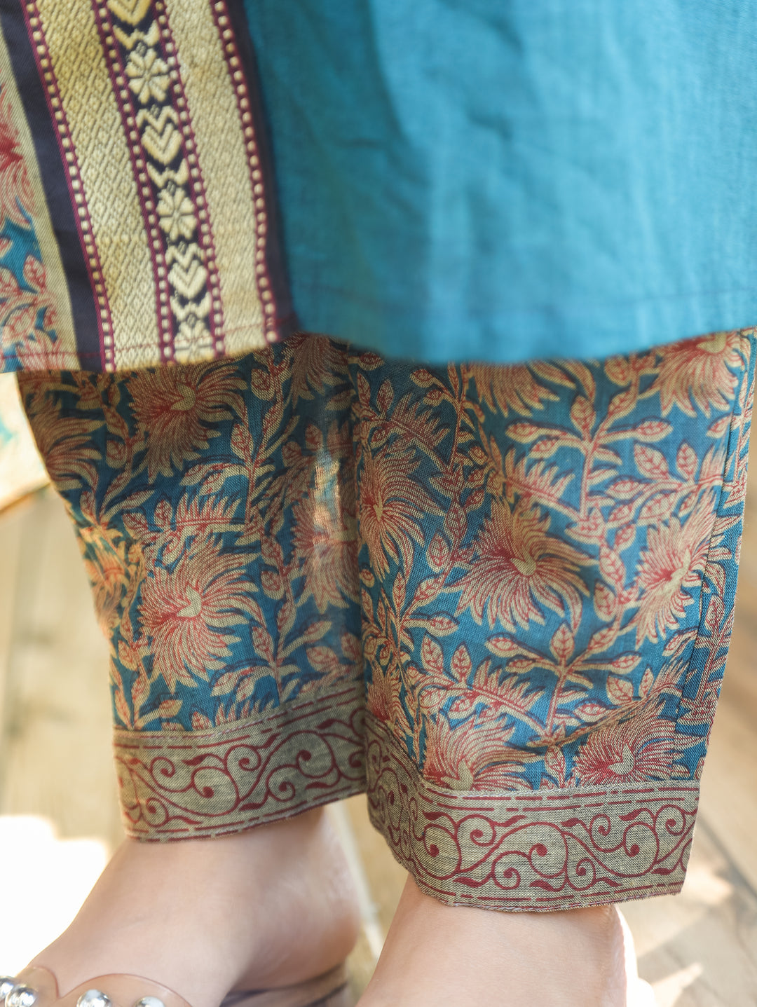 Mahira Aqua Teal V Neck with Mangalgiri Patch South Cotton 3 Piece Set