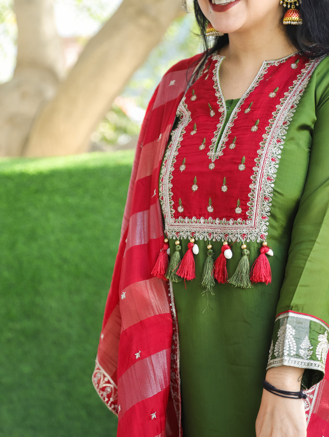 Sharvari Mehendi Green Embellish Red Yoke with Sequine Dola Silk 3 Piece Set