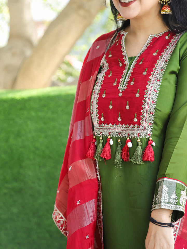 Sharvari Mehendi Green Embellish Red Yoke with Sequine Dola Silk 3 Piece Set
