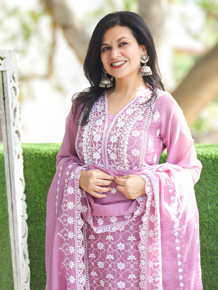 Alia Lavender Embroidered Mul Cotton 3 Piece Set