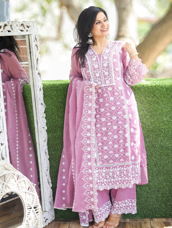 Alia Lavender Embroidered Mul Cotton 3 Piece Set